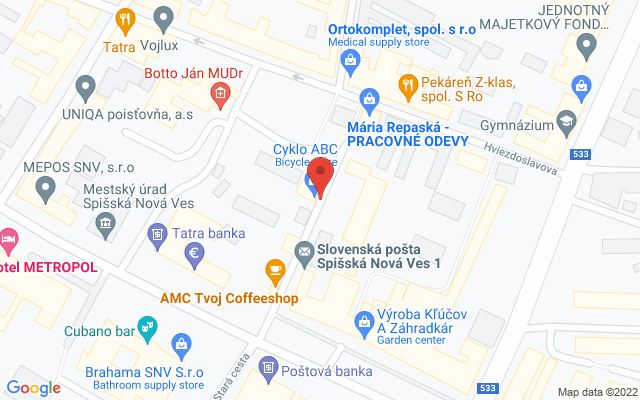 Google map: Cyklo ABC s.r.o., Ing. Straku 1232/5, 052 01 Spišská Nová Ves